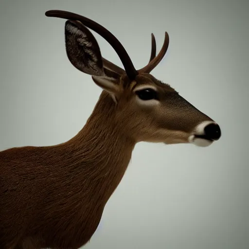 Image similar to hyperrealistic mugshot of a deer, photorealistic, 8k octane render, trending on art station, stunning visuals