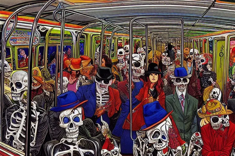 Prompt: scene from interior of a subway car, lunch, day of all the dead, skeletons, artwork by jean giraud