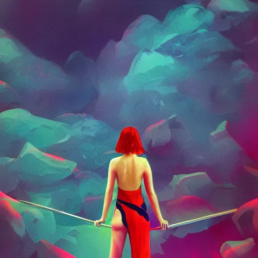 Prompt: Emma Stone with katana swimming in chromatic distortions in misty mysterious astral temple, beautiful, psychedelic, lsd, trending on artstation, omnious, soft, artwork by Tran, Ross