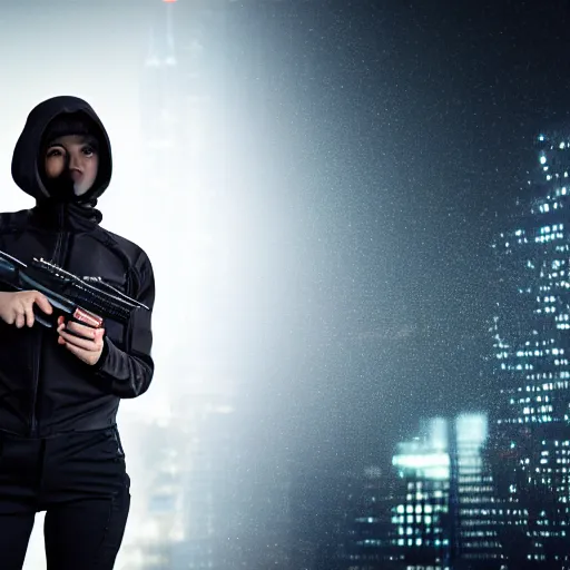 Image similar to photographic portrait of a techwear woman holding a Glock 18, closeup, on the rooftop of a futuristic city at night, sigma 85mm f/1.4, 4k, depth of field, high resolution, 4k, 8k, hd, full color