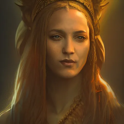 Image similar to Gracious Isis priestess portrait, atmospheric lighting, painted, intricate, volumetric lighting, beautiful, rich deep colors masterpiece, golden hour, sharp focus, ultra detailed, by Leesha Hannigan, Ross Tran, Thierry Doizon, Kai Carpenter,Ignacio Fernández Ríos