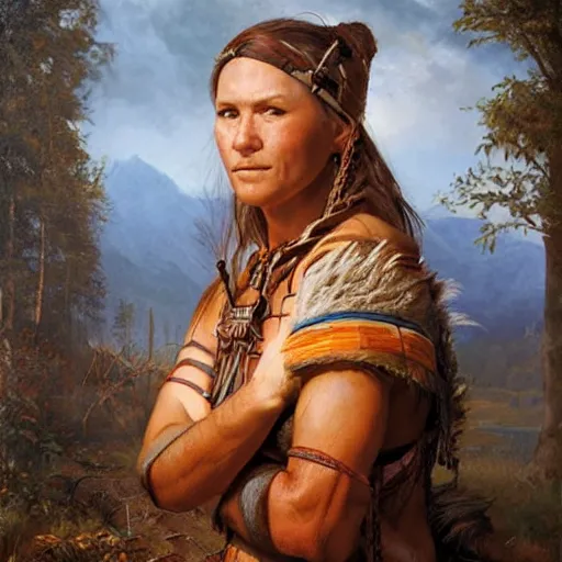 Image similar to portrait of a germanic hunter - gatherer tribe woman ( 3 5 ) from the the netherlands, an oil painting by ross tran and thomas kincade