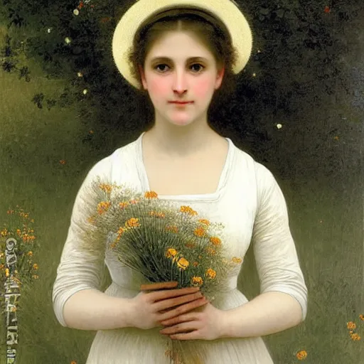 Image similar to A portrait of a fox wearing a white dress and a hat covered in dandelions, beautiful soft painting by William-Adolphe Bouguereau and Robert Cleminson