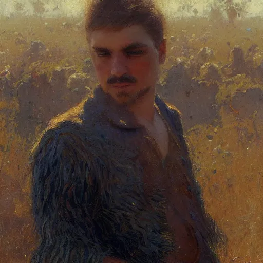 Prompt: a man with a textured crop with heavy fringe haircut, painting by Gaston Bussiere, Craig Mullins