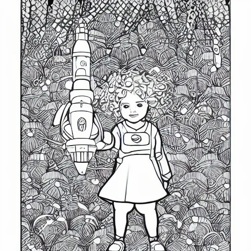 Image similar to clean simple line art of a cute little girl with short white wavy curly hair. she is dressed as an astronaut. no background. well composed, clean coloring book page, beautiful detailed face. coloring book line art by artgerm and greg rutkowski and johanna basford and alphonse mucha