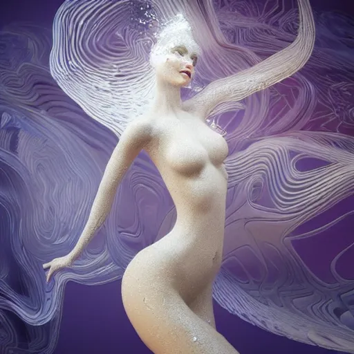 Prompt: 3 d pyro liquid simulation render, octane render, xparticles, abstract female bodies, intricate details, female body covered in white blanket, white carved abstract sculpture, amethyst mineral quartz, swirly curls, abstract white fluid, golden edges and fractals, wasili kandinski, artstation, render, cinema 4 d, art noveau fresco, liquid acrylic painting