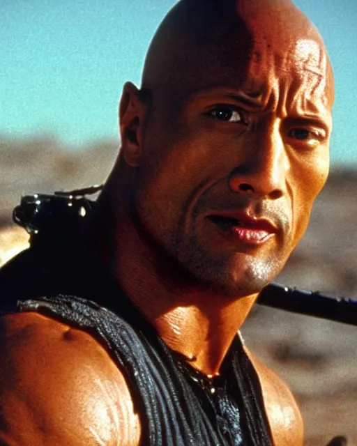 Image similar to film still close up shot of dwayne johnson in the movie mad max 2 the road warrior. photographic, photography