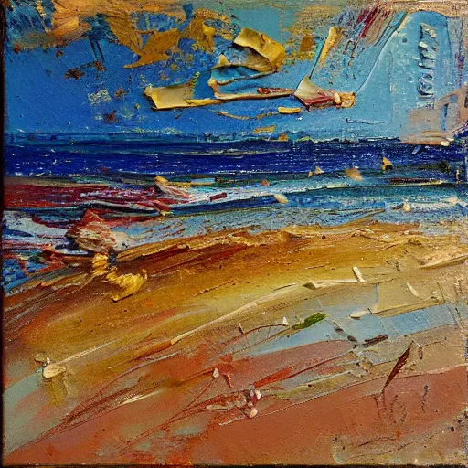 Prompt: oil paint impasto relief, beautiful italian beach scene, multi layered thick brush marks, some splattered paint, in the style of ivan shishkin and frank auerbach