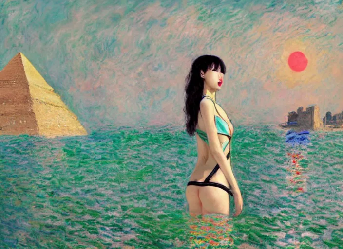 Image similar to lee jin - eun in luxurious dress emerging from turquoise water in egyptian pyramid city during an eclipse by claude monet, conrad roset, m. k. kaluta, martine johanna, rule of thirds, elegant look, beautiful, chic, face anatomy, cute complexion