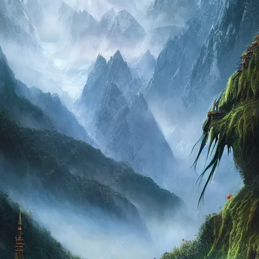 Image similar to a beautiful and highly detailed digital art of nepal in science fiction movie, detailed high buildings and rockets, forgotten valley, swirling mist, lush forests, intricate details, epic scale, insanely complex, 8 k, sharp focus, hyper realism, fantasy landscape, psychedelic, by caspar friedrich,