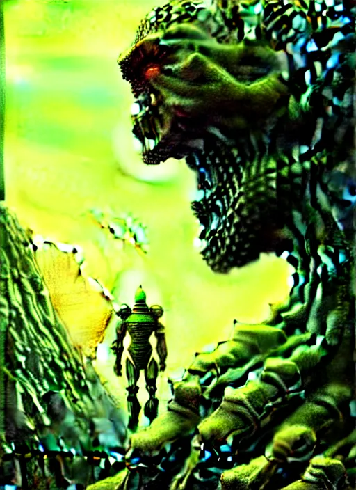 Image similar to portrait giant green humanoid with his fist up, brown armor, background ancient alien landscape, low angle, close up, concept art, intricate details, highly detailed, sci - fi poster, future, sci - fi art, in the style of chris foss, rodger dean, moebius, michael whelan, and gustave dore