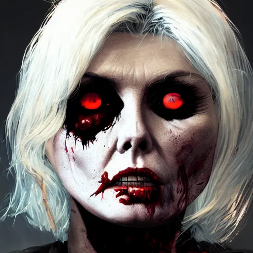 Image similar to debbie harry as a zombie with cuts on face, 7 days to die zombie, fine art, award winning, intricate, elegant, sharp focus, cinematic lighting, highly detailed, digital painting, 8 k concept art, art by guweiz and z. w. gu, masterpiece, trending on artstation, 8 k