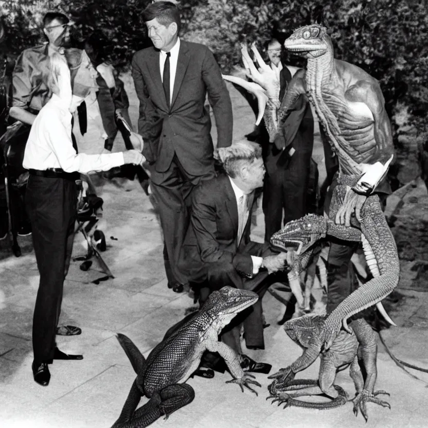 Image similar to vintage photo of president kennedy meeting with an argonian lizard warrior in skryim