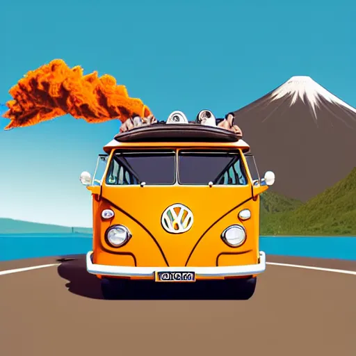 Image similar to a caricature drawing of a vw volkswagen bus, camper, bulli, type - 2, microbus, kombi, flying towards the camera, jumping at the viewer, dynamic action shot, fish - eye lense, frontal, a vulcano is erupting in the background