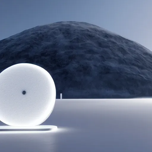 Image similar to perfume bottle standing on a white zen clean modern minimalist white counter in front of large circular portal with mountain view, frozen and covered in ice, by peter tarka and zaha hadid octane highly render, 4 k, ultra hd,