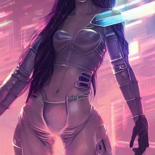 Prompt: cyberpunk girl wielding a sci - fi sword, electric energy, beautiful, getting ready to fight, heroic pose, urban motifs, intricate, elegant, highly detailed, digital painting, trending on artstation, concept art, smooth sharp focus, illustration, art by artgerm and greg rutkowski