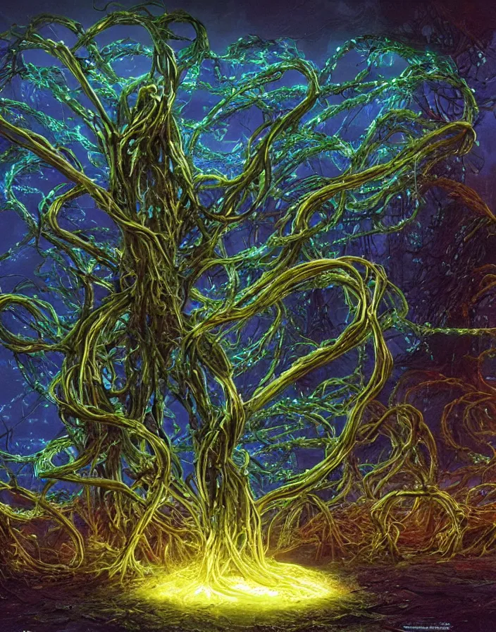 Prompt: a unique unusual bioluminescent alien plant specimen connecting its roots to large tangled wires in a massive cybernetic network of LED light chaotic server rooms twisting and throbbing with energy, photorealistic oddly satisfying cinema 4d CG render by Bob Eggleton, Peter Andrew Jones, Michael Whelan