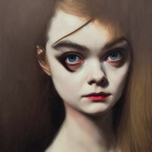 Image similar to a striking hyper real painting of Elle Fanning, dark, metal, occult, by Francisco Goya