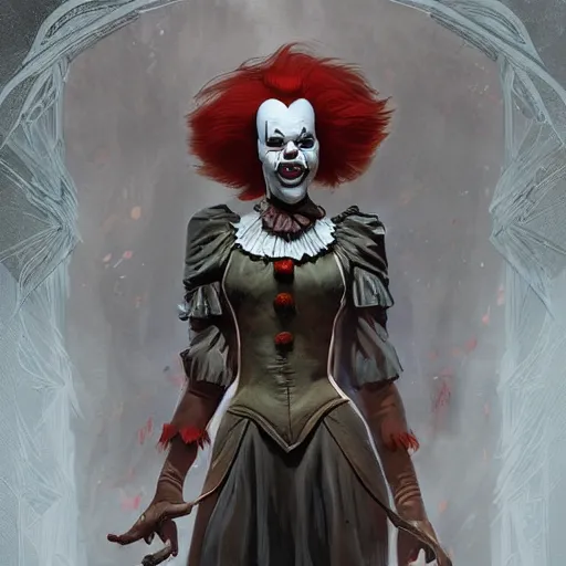 Image similar to an epic fantasy comic book style full body portrait painting of pennywise. d & d. fantasy. intricate. elegant. highly detailed. digital painting. artstation. concept art. matte. sharp focus. illustration. art by artgerm and greg rutkowski and alphonse mucha