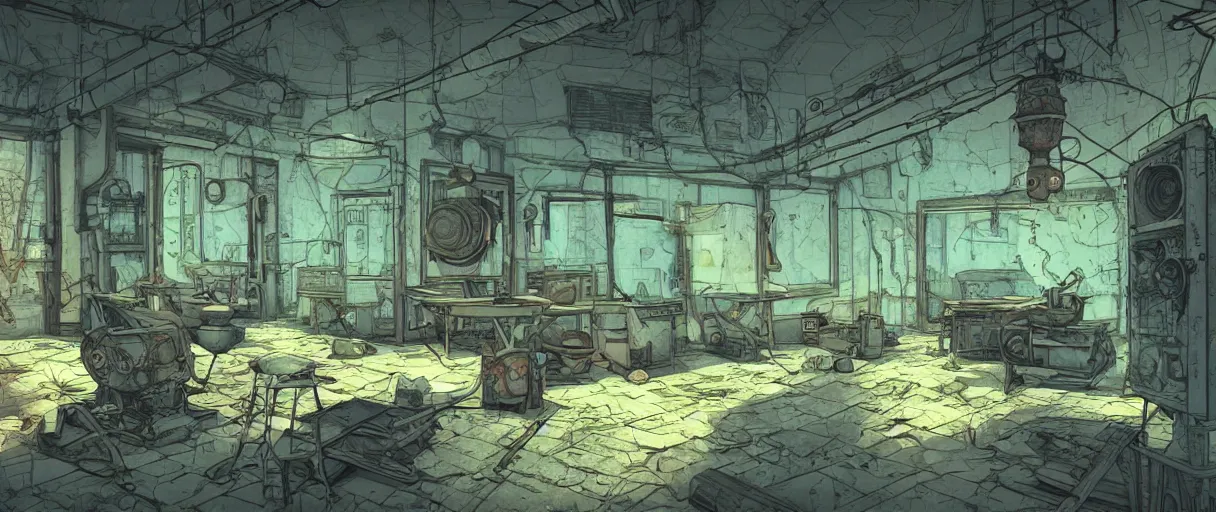 Image similar to abandoned laboroatory from early xx century faded out colors place mosquet painting digital illustration hdr stylized digital illustration video game icon global illumination ray tracing advanced technology that looks like it is from borderlands and by feng zhu and loish and laurie greasley, victo ngai, andreas rocha, john harris