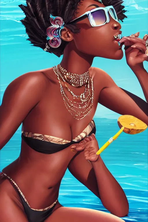 Image similar to a highly detailed beautiful portrait of Black women in the Caribbean wearing aquamarine bikini and shades, full glossy lips, drinking out of a coconut highly detailed, behance hd by Jesper Ejsing, by RHADS, Makoto Shinkaih and Lois van baarle, ilya kuvshinov, rossdraws global illumination, cinematic , hyper-reslistic, depth of field, coherent, high definition, 8k resolution octane renderer, artstation
