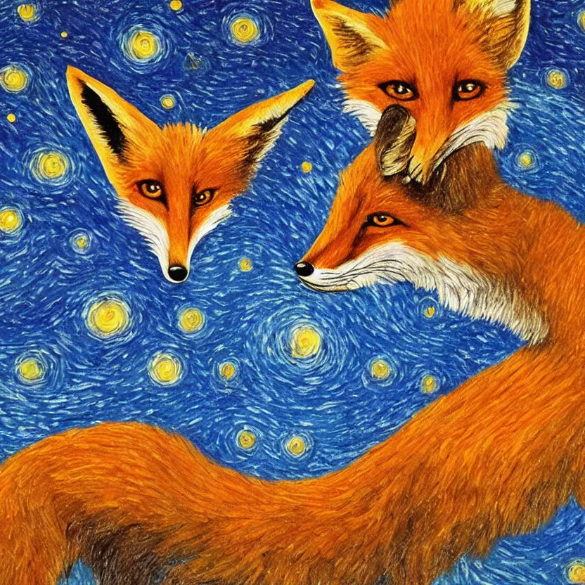 Image similar to a painting of a fox looking up at the stars in the style of Starry Night, highly detailed,