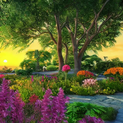 Image similar to A beautiful garden, with a variety of colorful flowers and lush green plants, set against a backdrop of a stunning sunset, trending on artstation, artstationHD, artstationHQ, photorealistic imagery, 3D art, 4k, 8k