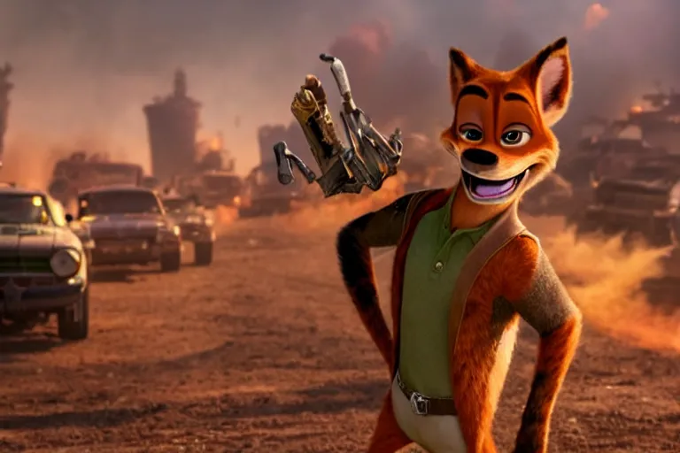 Image similar to nick wilde ( from zootopia ), heavily armed and armored facing down armageddon in a dark and gritty reboot from the makers of mad max : fury road