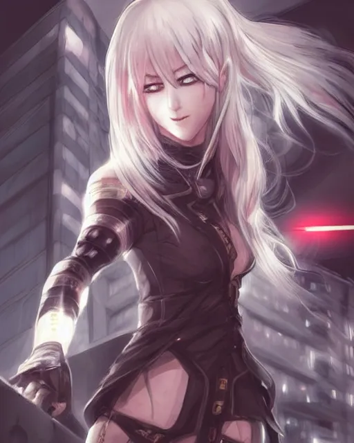 Prompt: The successful warrior is the average man, with laser-like focus, artwork by artgerm, anime, cyberpunk streets in Japan, elegant, seductive, long white hair, knee high socks, short plaid skirt, white blouse, full shot, wide-shot, long-shot, fantasy, mystical, magical