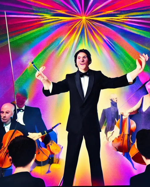 Image similar to long shot portrait of an orchestra conductor on the rostrum, symphony ensemble, baton in motion, motion blur, triadic color scheme, theatre lighting, focus on wand