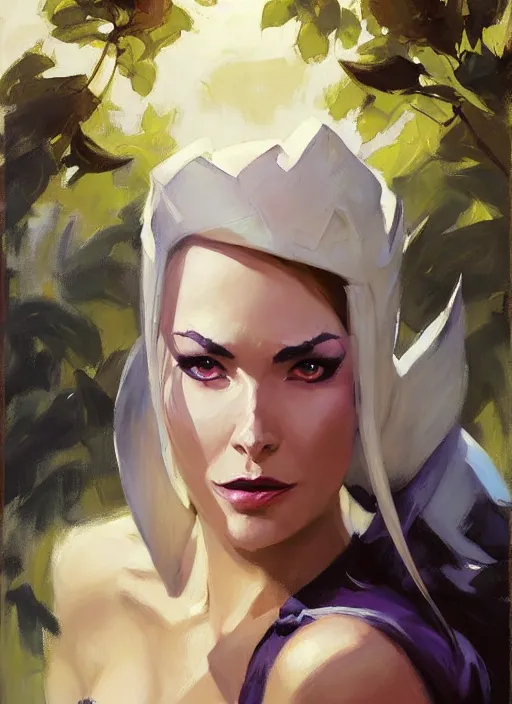 Prompt: greg manchess painting of syndra from league of legends, countryside, calm, fantasy character portrait, dynamic pose, above view, sunny day, thunder clouds in the sky, artwork by jeremy lipkin and giuseppe dangelico pino and michael garmash and rob rey, very coherent asymmetrical artwork, sharp edges, perfect face, simple form, 1 0 0 mm