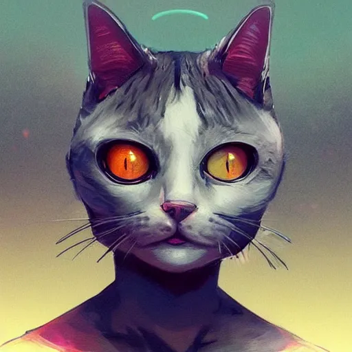 Image similar to A potrait of a cyborg cat with big and cute eyes, fine-face, realistic shaded perfect face, fine details. Very anime style. Realistic shaded lighting poster by Ilya Kuvshinov katsuhiro, magali villeneuve, artgerm, Jeremy Lipkin and Michael Garmash, Rob Rey and Kentarõ Miura style, trending on art station