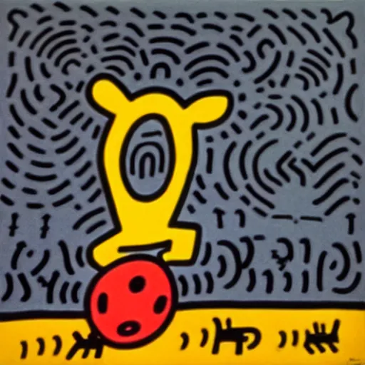 Prompt: happy cat with ball, keith haring,