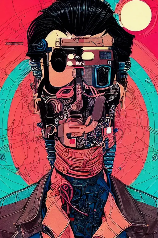 Image similar to 1 9 7 9 omni magazine cover of hiroyuki sanada in a leather jacket. stylized cyberpunk art by josan gonzalez.