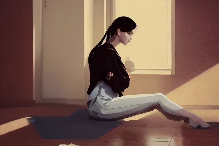 Image similar to a ultradetailed beautiful panting of a stylish woman sitting on the floor in a tiled room, she is wearing an oversized jacket, night time, oil painting, by ilya kuvshinov, greg rutkowski, guweiz and makoto shinkai