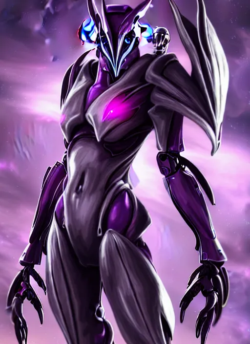 Image similar to cinematic close shot, galactic sized proportional stunning beautiful hot female warframe, sleek mecha goddess dragon head, metal ears, led purple eyes, smooth fuschia skin, smooth silver armor, floating in space, holding a galaxy, epic proportions, epic size, epic detail, furry art, dragon art, giantess art, warframe fanart, furaffinity, octane