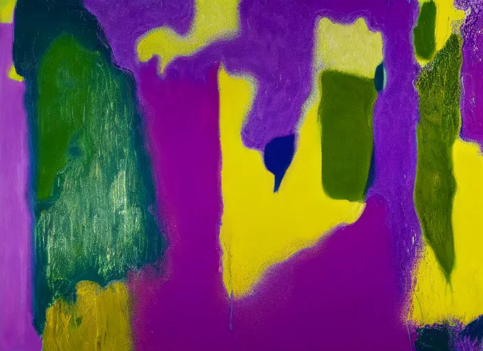 Image similar to minimalistic abstract painting in shape of waterfall, in purple, yellow, dark green, beige, by hernan bas and pat steir and hilma af klint, psychological, photorealistic, dripping paint, washy brush, oil on canvas, rendered in octane, altermodern, masterpiece