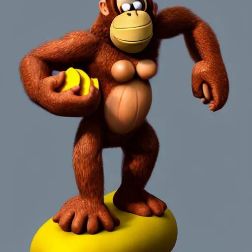 Image similar to Donkey Kong stepping on a banana, 3D render, detailed clay model
