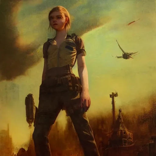 Prompt: ultra realistic medium shot portrait painting of elle fanning in the painted world of resident evil and bruce pennington, art by frank frazetta, 4 k, ultra realistic, highly detailed, epic lighting