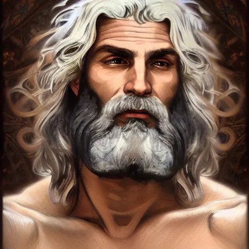 Image similar to painted portrait of rugged zeus, greek god, 4 0 years old, handsome, white hair, soft hair, upper body, muscular, hairy torso, fantasy, intricate, elegant, highly detailed, digital painting, artstation, concept art, smooth, sharp focus, illustration, art by alphonse mucha