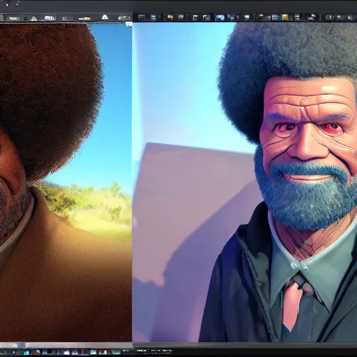 Image similar to bob ross cyborg. glowing eyes, cel shaded, rotoscope, concept art, octane render, unreal engine 5, highly detailed, high quality, 8 k, soft lighting, realistic face, path traced