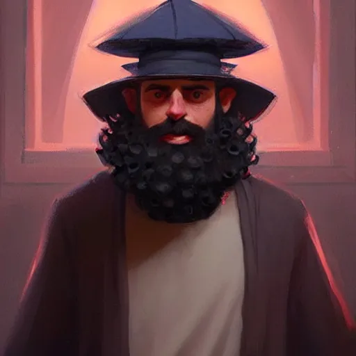 Prompt: a happy merchant jew wearing kippah!!!, rubbing hands!!!, evil, tricky!!, black curly beard, black curly hair, black eyes, hooked nose!, by greg rutkowski, artstation, by artgerm, by wlop