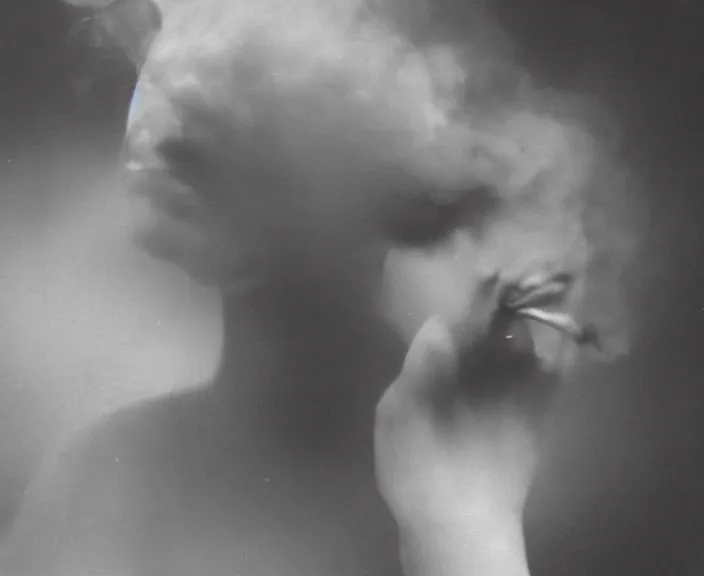 Image similar to mysterious scene of an enraged woman // detailed smoke, natural soft pale skin, innocence, sophisticated hands // noir, german expressionism, 20 century photography // old 35mm double-exposure photo, award-winning photography, grainy, cinematic, atmospheric, high contrasted // eerie, sophisticated and unsearchable masterpiece, deep shadows, balanced composition // depth of field, ambient occlusion, motion blur, HD, intricate details, sharp focus, natural textures, long exposure