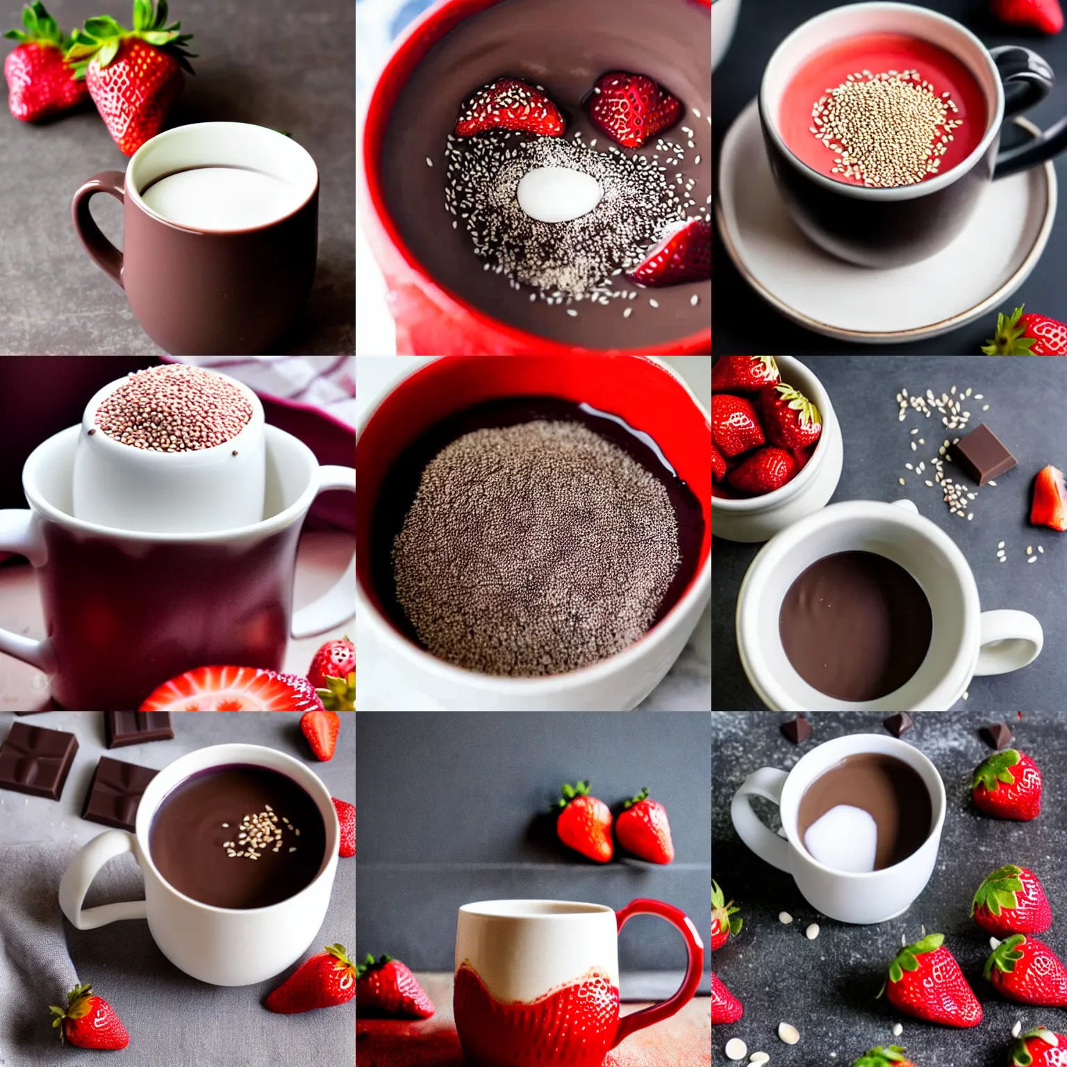 Prompt: A strawberry mug filled with white sesame seeds. The mug is floating in a dark chocolate sea.