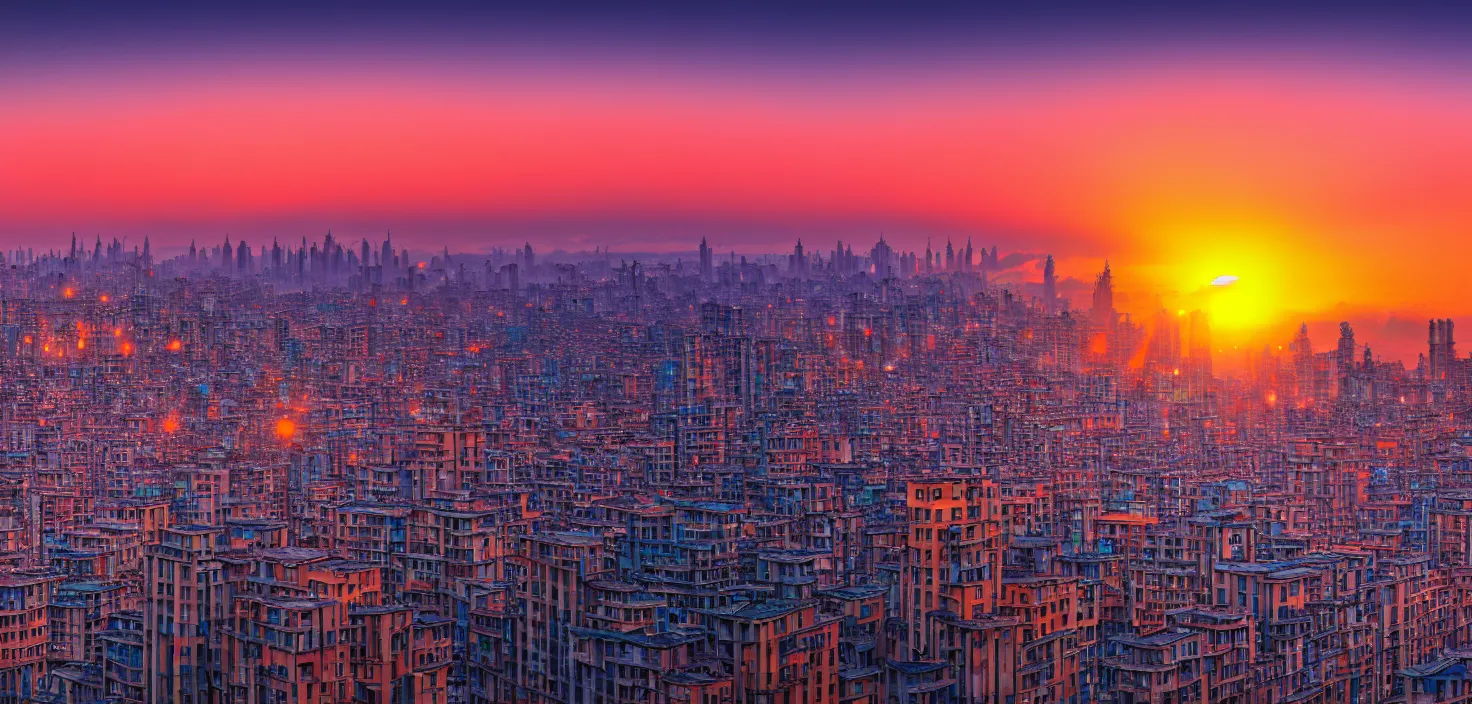 Image similar to studio ghiblli city, sunrise, 8 k denoised, high detail