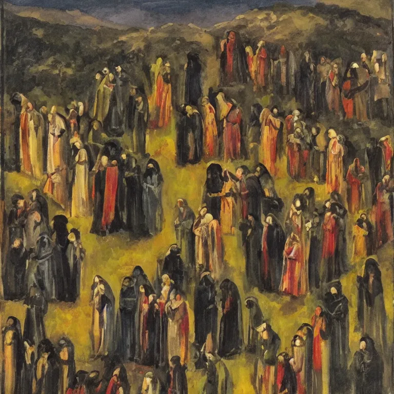 Image similar to A Holy Week procession of souls in a lush Spanish landscape at night. A figure at the front holds a cross. Art Deco.