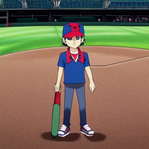 Image similar to ash ketchum at a baseball stadium, beautiful and crisp, official still from the anime