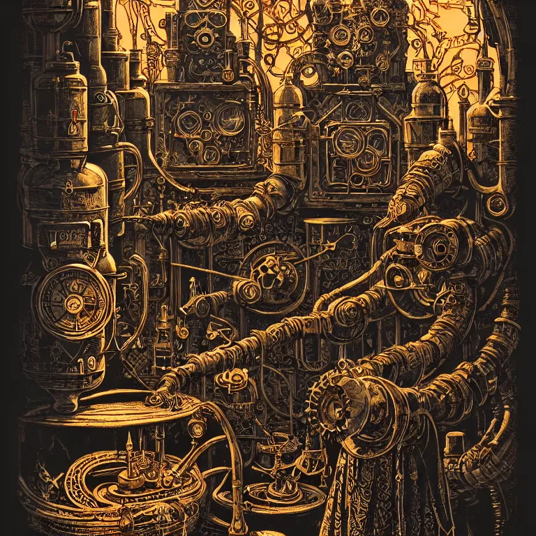 Image similar to ancient alchemist steampunk wizards laboratory, high details, intricately detailed, by vincent di fate, inking, 3 color screen print, masterpiece, trending on artstation, etching, sharp, details, hyper - detailed, hd, 4 k, 8 k