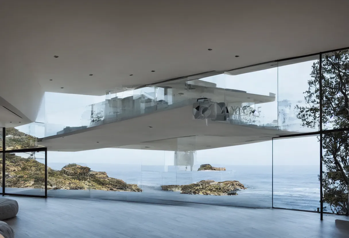 Image similar to Modern house interior with big windows at dawn, Located on a cliff view to the sea minimalistic epic architecture coherent high detail