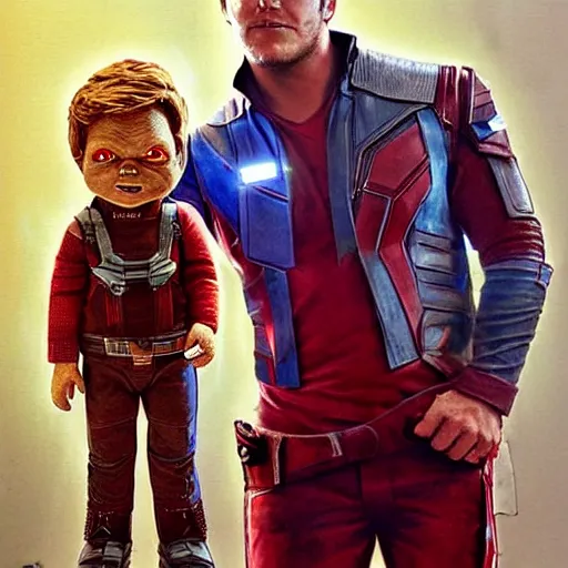 Image similar to the actor chris pratt as star lord posing together with the doll chucky from the movie child's play, inside a starship, oil painting, by greg rutkowski